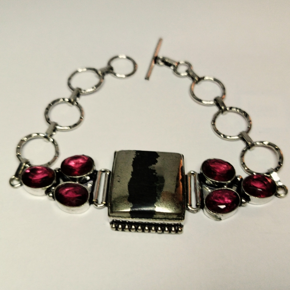 Apache Pyrite Garnet Gemstone Sterling Silver Bracelet 22 Gms - Picture 2 of 2